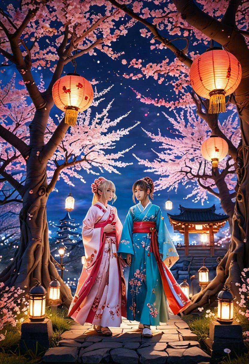 A captivating scene showcasing vibrant illustrated characters from explicit anime and manga, surrounded by a blend of alluring fantasy elements. The characters should exhibit expressive features, with an emphasis on colorful, intricately designed costumes, set against a mystical background filled with whimsical elements like cherry blossom trees and glowing lanterns. The atmosphere should be enticing and slightly provocative, inviting viewers to explore this world. super-realistic. vibrant colors. 3D.